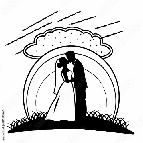 Silhouette vector illustration of a man with a gun and a girl with a guitar