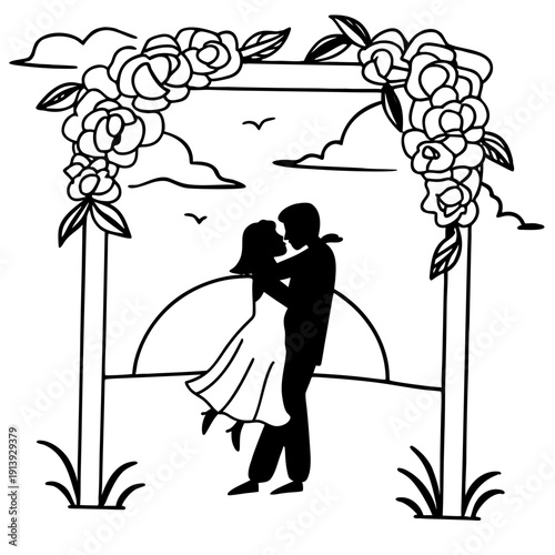 Silhouette of bride and groom in wedding illustration with love and romance elements