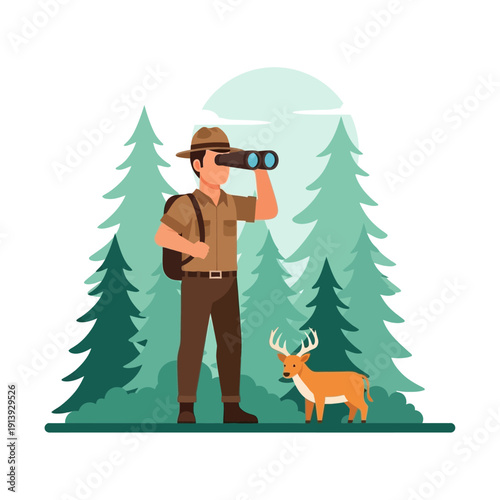 Man looking through binoculars with deer.