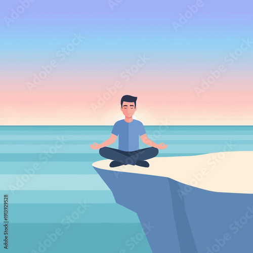 Man meditating on ice floe sea.