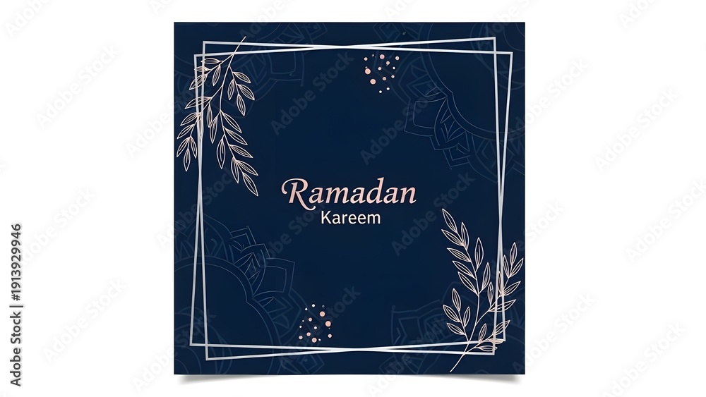 Fototapeta premium Ramadan greeting cards featuring gold geometric frames and soft pink botanical accents on navy blue background.
