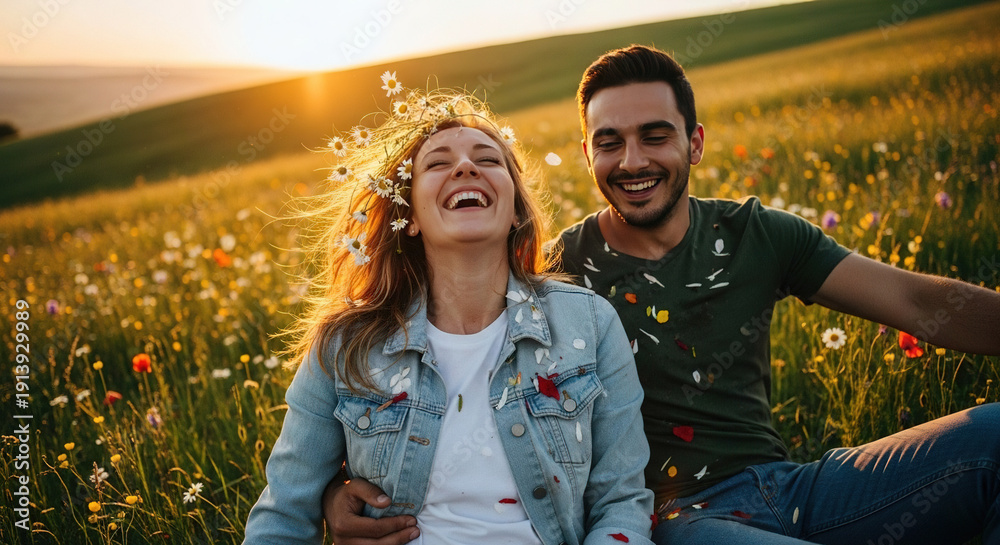 custom made wallpaper toronto digitalCouple laughing in a field of wildflowers at golden hour