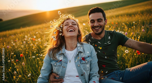 Wallpaper Mural Couple laughing in a field of wildflowers at golden hour Torontodigital.ca