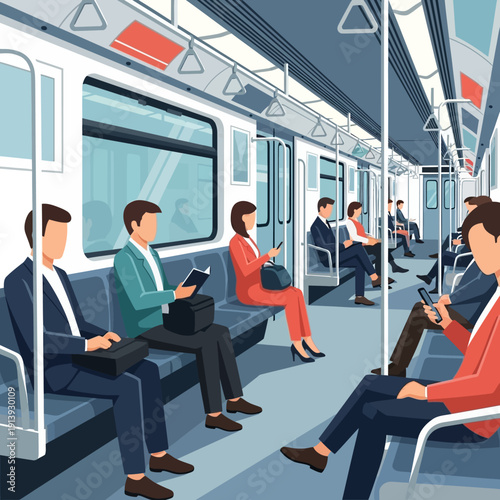 People riding on a subway train.