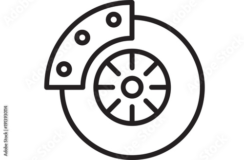 Brake disc and caliper line icon, automotive braking system symbol in black outline on white background, minimal vector illustration for repair, safety and service