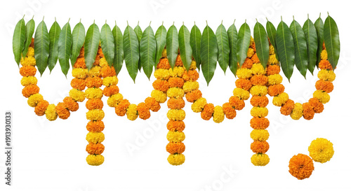 Vibrant marigold garlands with green leaves for Indian festivals and decorations