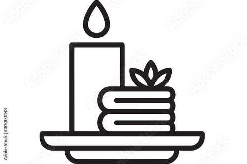 Candle spa icon with stacked towels and lotus on tray, minimalist black line illustration for wellness, relaxation, aromatherapy, massage and beauty design