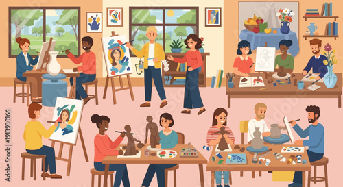 People engaged in creative art activities.