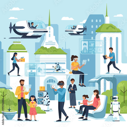 People interacting in futuristic city scene.