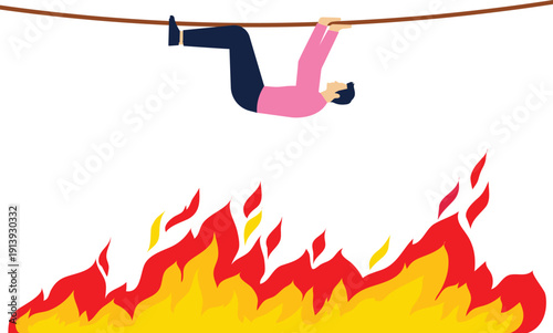 Businessman climbs dangerously along the rope

