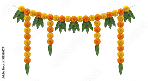 Vibrant Indian marigold flower garland with green leaves