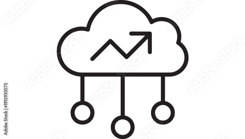 Cloud analytics icon showing rising growth arrow and connected nodes, minimalist line vector symbol for data storage, network reporting, SaaS dashboard, fintech strategy
