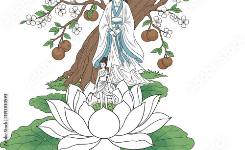 Spiritual Lotus and Sacred Figure Vector Illustration with Blossoming Tree and Traditional Asian Inspired Elements for Meditation and Cultural Designs
