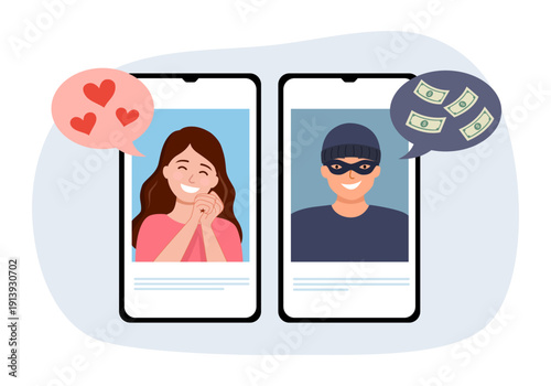 Girl and scammer guy on mobile screen. Online dating scam on smartphone mobile app in flat design. Phone phishing. Romance scam.