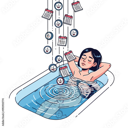 Stress Relief and Self-Care in Bathtub: Woman washing away raining calendars, deadlines, and clocks. Escaping time pressure and burnout illustration.
