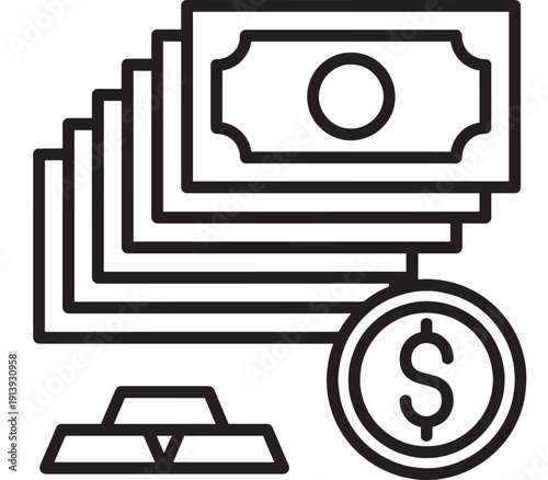 Money and wealth icon showing stacked banknotes, dollar coin and gold bars in black outline, representing finance, cash flow, savings, payments and investment
