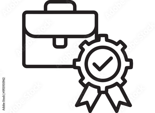 Briefcase with checkmark award badge icon in black outline style, symbolizing certified business services, quality assurance, compliance and professional approval