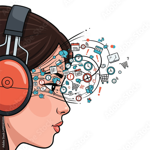 Information overload and digital distraction illustration. Woman profile with headphones and icons bursting from her mind: time, calendar, shopping, communication stress.