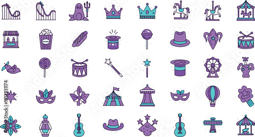 Carnival and Amusement Park Icon Vector Set with Rides, Magic Props, Masks, Crowns, and Festival Entertainment Symbols for Party Designs