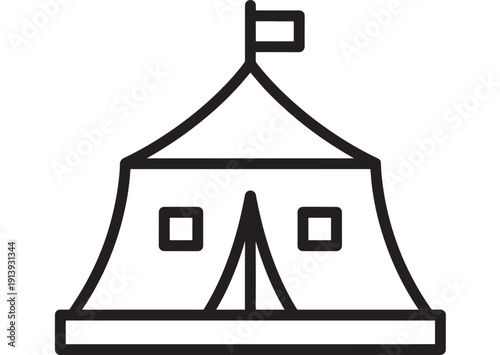 Camping tent icon in black line style, simple outdoor shelter with flag, isolated on white background for travel, adventure, hiking, campsite and tourism apps