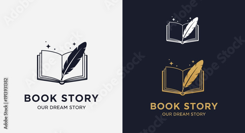 Minimalist Book Logo Design with Feather Quill – Elegant Publishing and Bookstore Branding