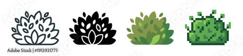 Collection of four bush icons showing different artistic styles from simple outline and silhouette to a detailed flat vector and a retro 8-bit pixel art version