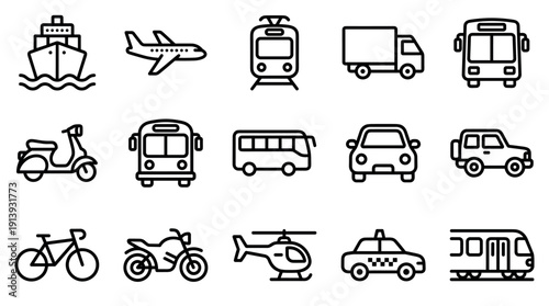 Set of black line transportation icons featuring various vehicles for public and private travel, including a ship, plane, bus, car, train, and bicycle in a minimalist pictogram style