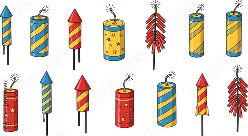 Colorful Fireworks Rocket Vector Set with Festive Firecrackers and Celebration Pyrotechnic Elements for Holiday, Festival, and Party Design Projects