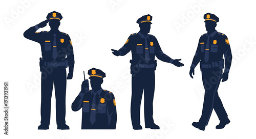 Vector illustration of police officers in various poses and actions