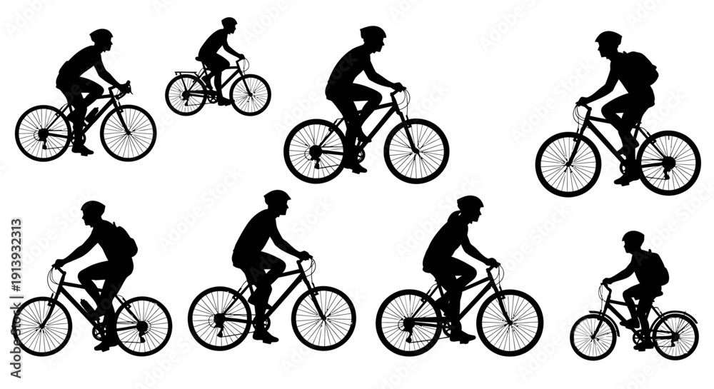 Fototapeta premium Cyclists in various poses riding bicycles from different viewpoints on a plain background