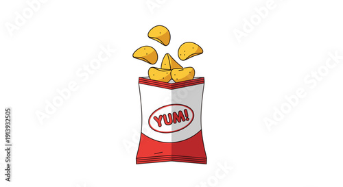 An open red and white bag of crunchy tortilla chips with YUM! printed, as several chips float above its opening.