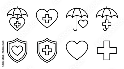 Collection of minimalist black outline icons for health insurance, medical care, and life protection concepts, including a heart, shield, umbrella, and medical cross symbol