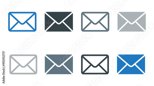 Collection of colorful envelope icons in various flat design styles, including solid fill and line art, representing email, messages, and digital communication concepts