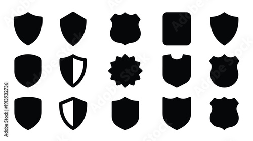 Collection of black shield icon shapes in various classic and modern styles, including police badge and heraldic forms, presented as a simple flat graphic vector illustration