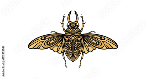 Elaborate top-down illustration of an ornamental beetle with spread wings and intricate golden patterns on a white background.