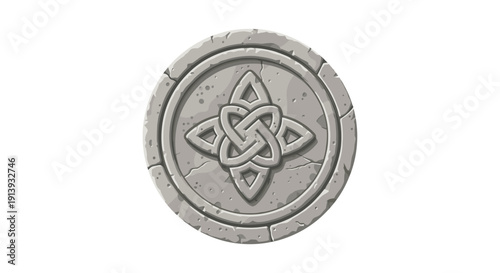 Ancient circular stone carving featuring an intricate Celtic knot design with textured gray stone appearance on a white background.