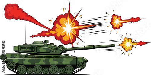 Military Tank Firing Cannon Vector Illustration with Explosion Effects and Battlefield Action Scene for Defense, Warfare, and Combat Design Concepts