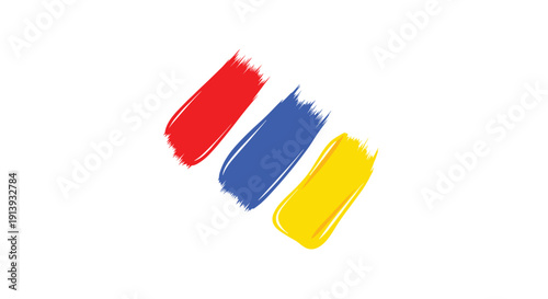 Three diagonal brush strokes in vibrant red, blue, and yellow primary colors neatly arranged on a clean white background.