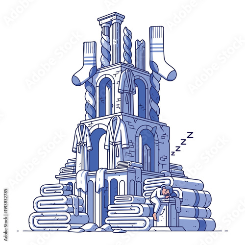 Cozy Spa and Hotel Comfort Tower Illustration. Abstract architecture built from bathrobes, stacked towels, and socks, symbolizing luxury relaxation and rest.