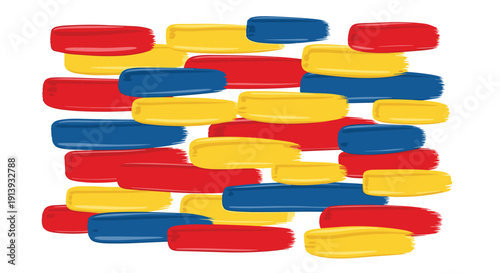 Abstract pattern composed of numerous horizontal brush strokes in vivid red, yellow, and blue colors, arranged across a white surface.