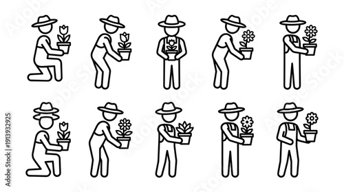 Set of gardener character icons holding potted plants and flowers in various poses, a minimalist black and white line art collection for agriculture or hobby concepts