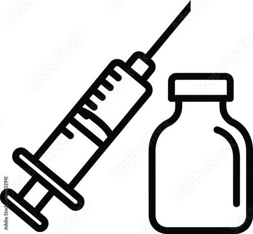 Black and white line art icon of a medical syringe and a medicine vial bottle