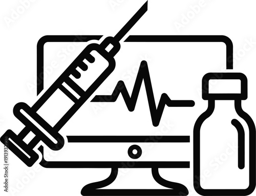 Black and white medical icon set featuring a syringe, monitor with heartbeat, and medicine bottle