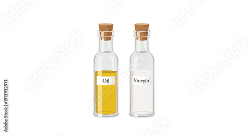 Two glass bottles with cork stoppers labeled Oil (yellow liquid) and Vinegar (clear liquid) rest on white.