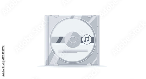 A clear plastic CD jewel case holds a compact disc displaying music note icon and album art on white.