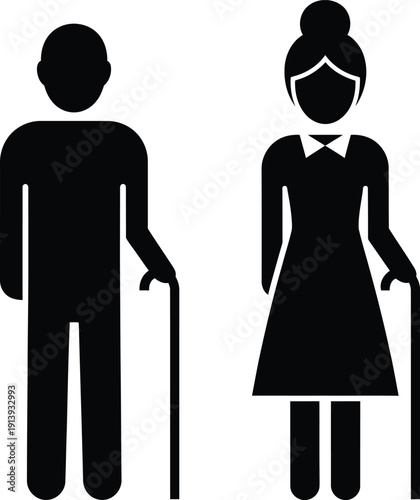 Black silhouette of an elderly man and woman with walking sticks on white background
