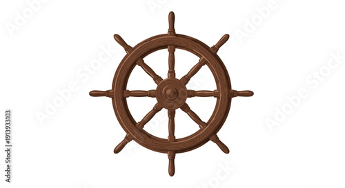 A detailed traditional wooden ship's steering wheel with spokes and central hub is positioned on a white background.