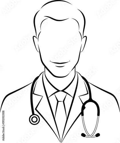 Minimalist line art illustration of a professional male doctor wearing a stethoscope and tie.