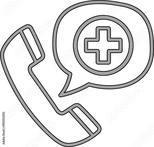 Medical emergency phone call icon with telephone handset and cross symbol in speech bubble