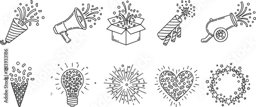 Celebration and Fireworks Outline Icon Set with Confetti, Party Cannon, Megaphone, Sparkles, Heart, and Festive Symbols for Event Design
